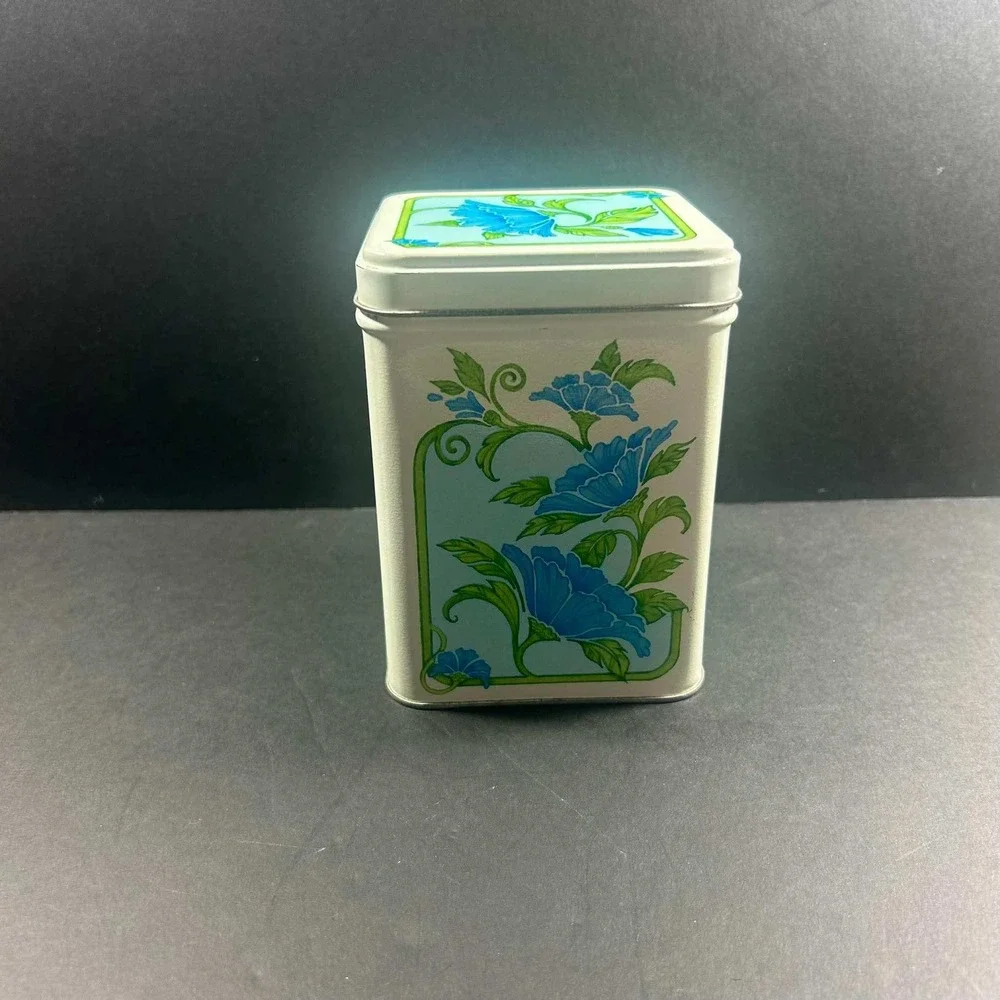 Floral Vintage Retro Tin White Blue Square Canister Small